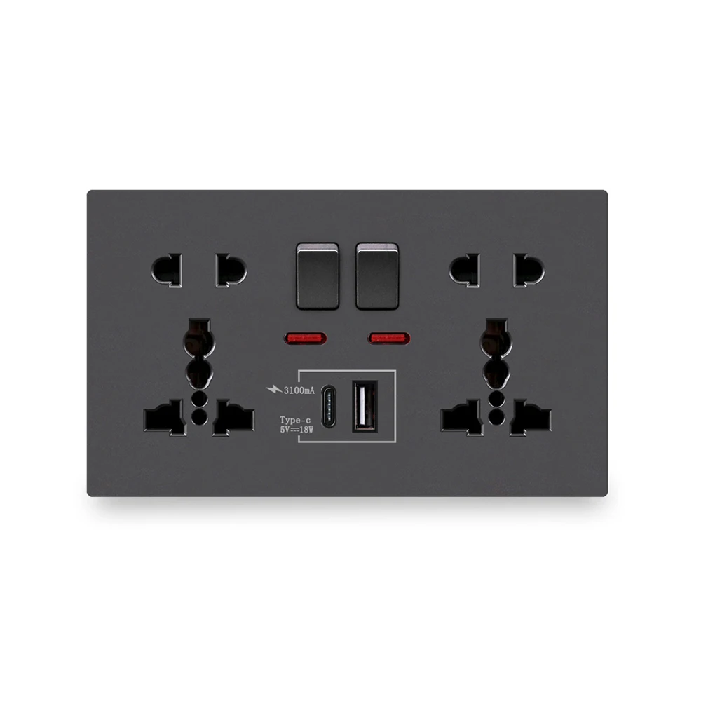 18W Type-C Fast Charge Wall Outlet 13A Smart Quick Charge Interface Universal Dual Socket Switch Control Type-C USB Port Socket