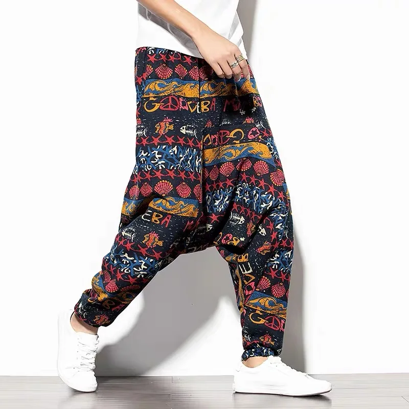 Male Tropical Print Summer Thin Ethnic Drop Crotch Pants Men Trendy Fashion High Street Trousers Handsome Daily Linen Streetwear