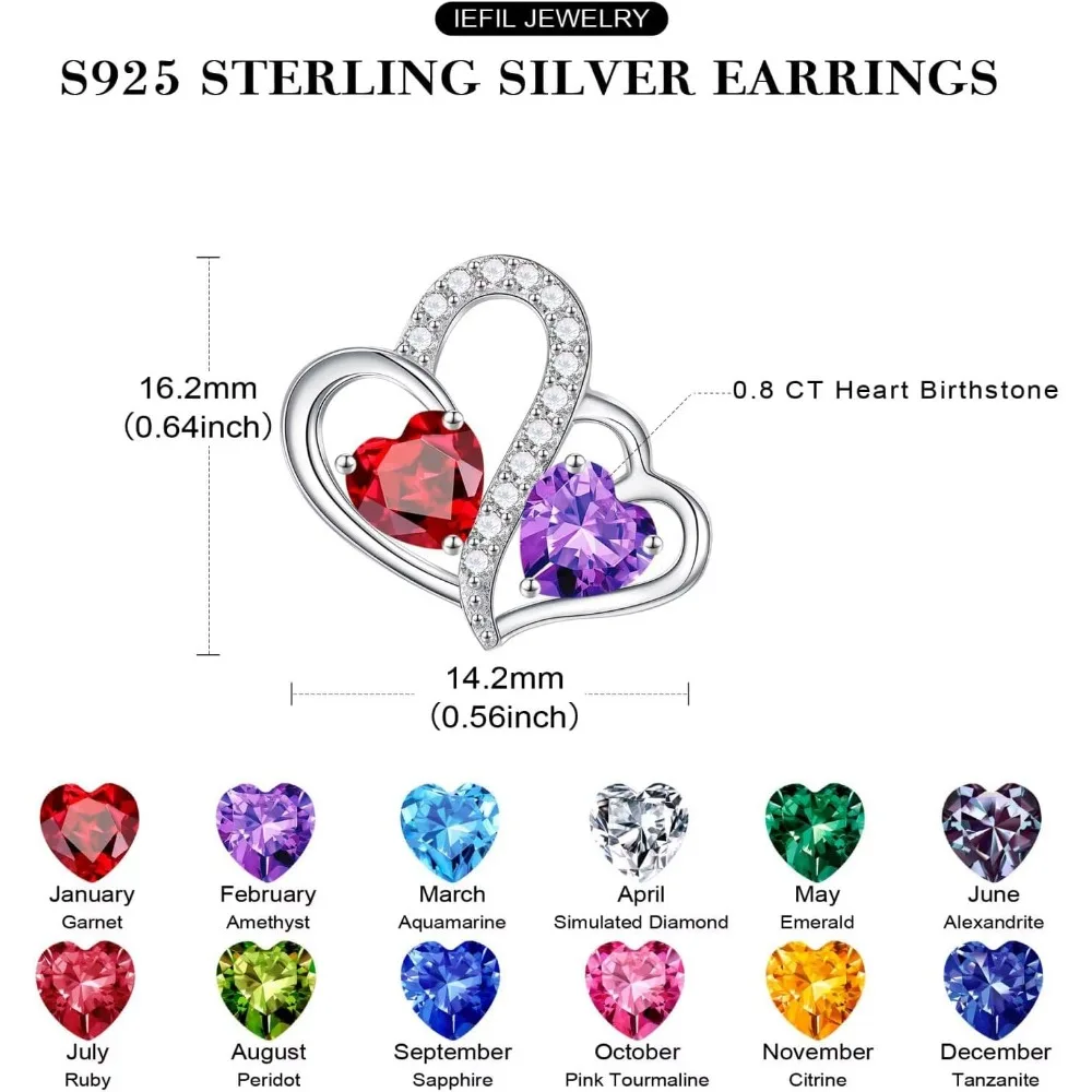 أقراط جوهرة الميلاد على شكل قلب مزدوج من الفضة الإسترليني - أفكار هدايا الذكرى السنوية وأعياد الميلاد للسيدات #5