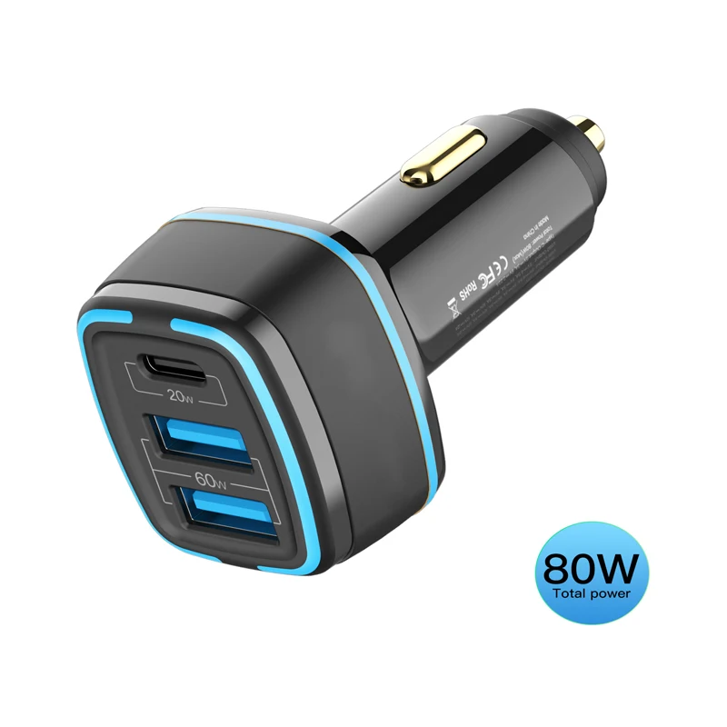 80W USB-C Car Charger 3-Port Type-C Car Cigarette Lighter USB Charger For Iphone Samsung Huawei Xiaomi Google LG Ipad and more