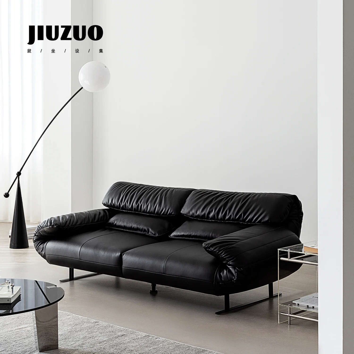 

Black leather Bauhaus style can be bent three-person straight folding ear multi-function sofa bed