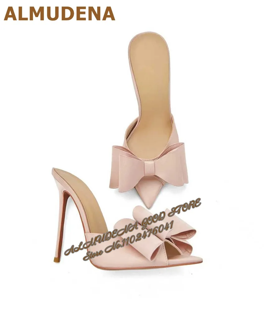 

ALMUDENA светло-розовые атласные туфли-лодочки на высоком каблуке с узлом-бабочкой, современные уличные тапочки с острым носком и бантом, сандалии на шпильке