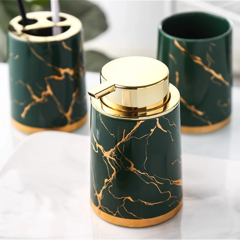 1pc Ceramic Toiletries Lotion Bottle Toothbrush Holder Toothbrush Cup Soap Dish Bathroom Accessories Imitation Marble Texture