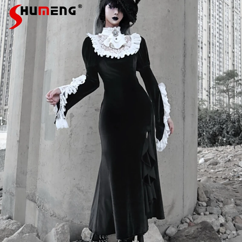 

Japanese Rojita Style Gothic Halloween Heavy-Duty Velvet Long Fishtail Dress Long-sleeved Slimming Vestidos Elegantes De Mujer