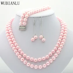 New Women Fashion 2 Rows 8mm Pink South Sea Shell Pearl Necklace Bacelet Earrings Set AAA Grade Wholesale And Retail