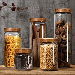Wood Lid Orgnizer Glass Airtight Canister Kitchen Storage Bottles Jar Sealed Food Container Tea Coffee Beans Cereal Dispenser