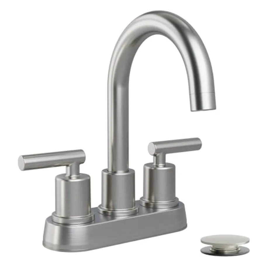 

Bathroom Sink Faucet 4 Inch 2 Handle Centerset Modern 360 Rotating Water Faucet with Pop-up Drain Stopper Assembly Supply Line
