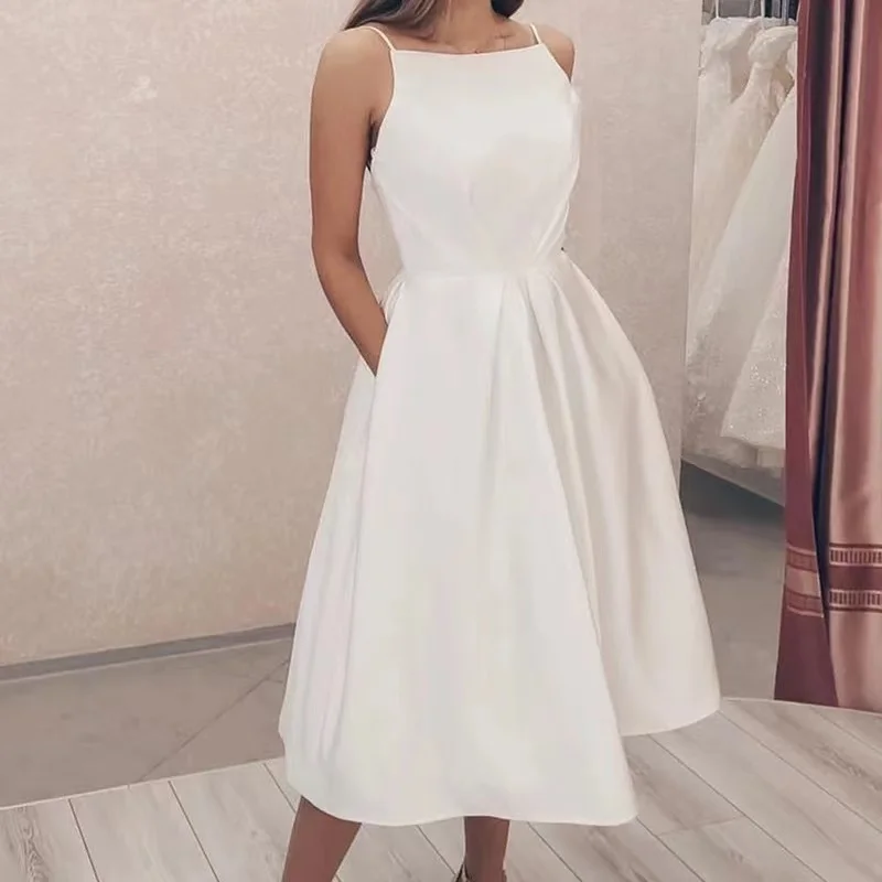 

Short Wedding Dress Simple Satin 2022 Shinny With Pocket knee Length Robe De Mariee Bridal Gown Sleeveless Charming Cheap Beach