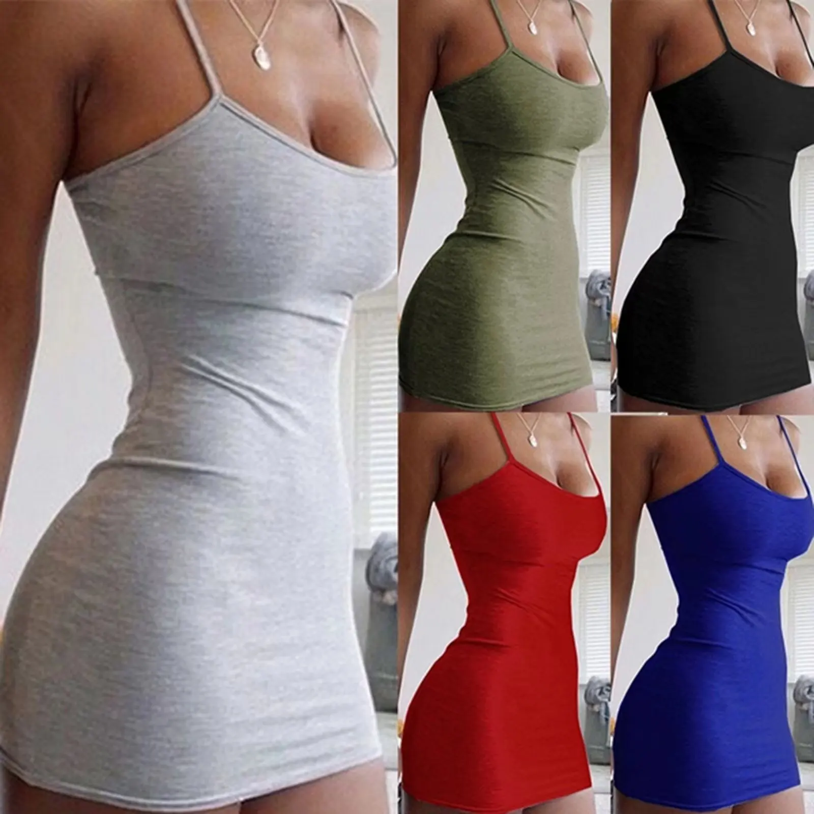 Sommerliches Spaghettiträger-Minikleid 2026 – Sexy figurbetontes Club- und Partykleid für Damen, kurzes Camisole-Kleid, einfarbiges schwarzes Etuikleid