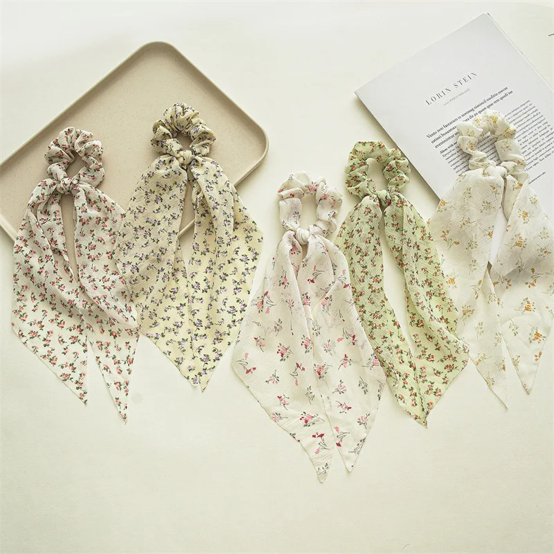 Hot Selling Fashion Summer Small Fresh Floral Long Streamer Hair Band Elastic Ponytial Scrunchies Head Rope Hair Accessories