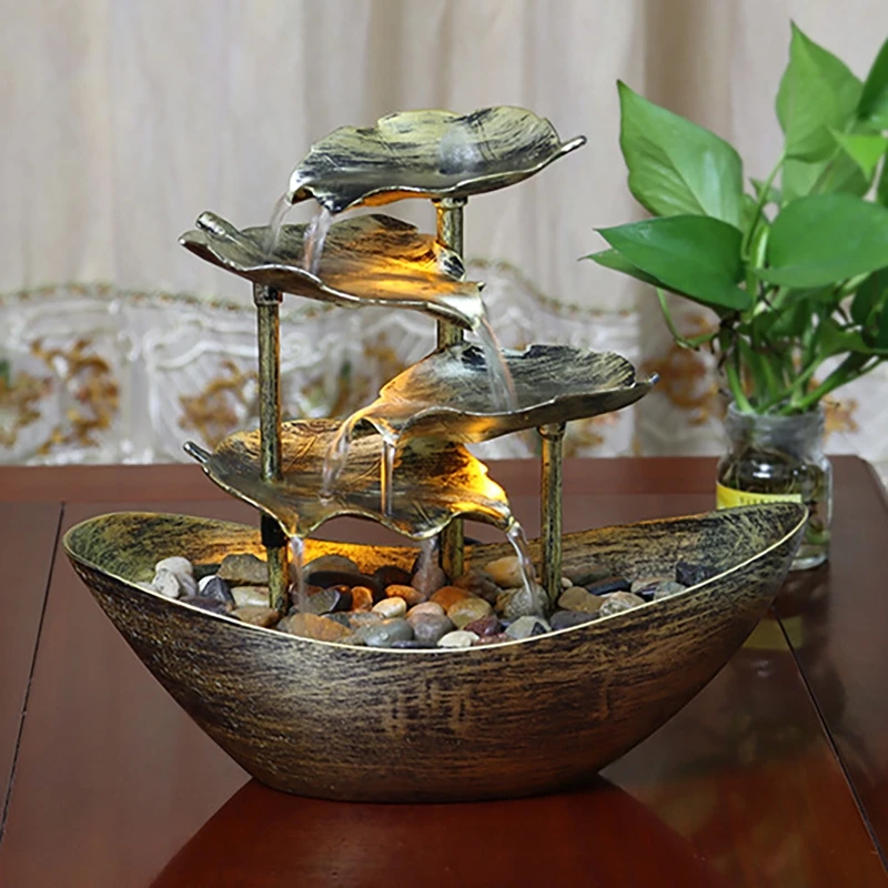 

USB Tabletop Water Fountain Small Indoor Waterfall Fountain for Desktop Feng Shui Ornament 4-Tiers Lotus Leaf Waterfall Fountain