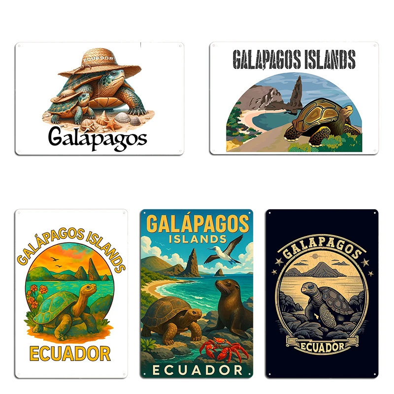 Islas Galápagos, Costa de Vida Silvestre, Ecuador, Tortuga Gigante con su bebé en el mar, cartel de chapa de cine personalizado oxidado de Metal