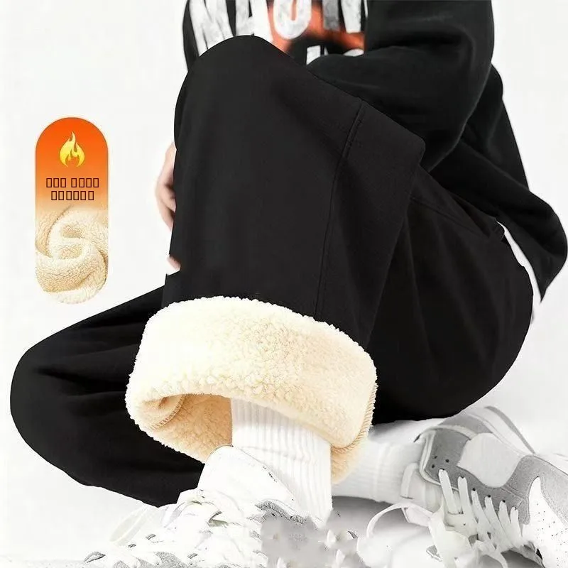 

Thiened Fce Men's Sweatpants Autumn Winter Sle Loose Straight Leg Color Warm Casual Trousers Youth High Waist Lo...