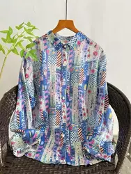 Fall clothes 2026 women Japanese retro cotton linen shirts and blouses ramie long sleeve floral tops linen women's clothing