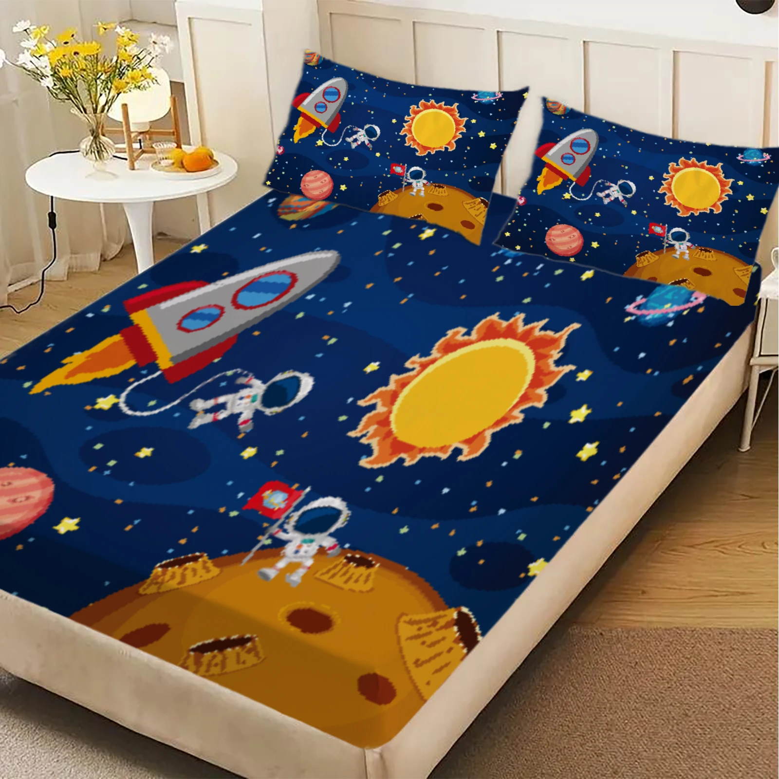3pcs Playful Fitted Sheet For Kids Children Set Space Rockets Astronauts Planets Stars Printed Bed Sheet With 2 Pillowcases