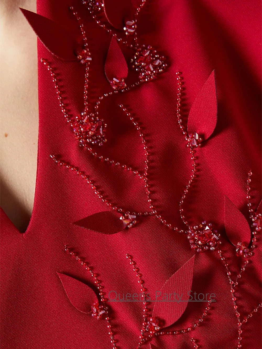 Abito da sera a sirena rossa con maniche a sbuffo Personalizzato piccolo scollo a V con perline Foglie Abiti da ballo formali arabi alla caviglia