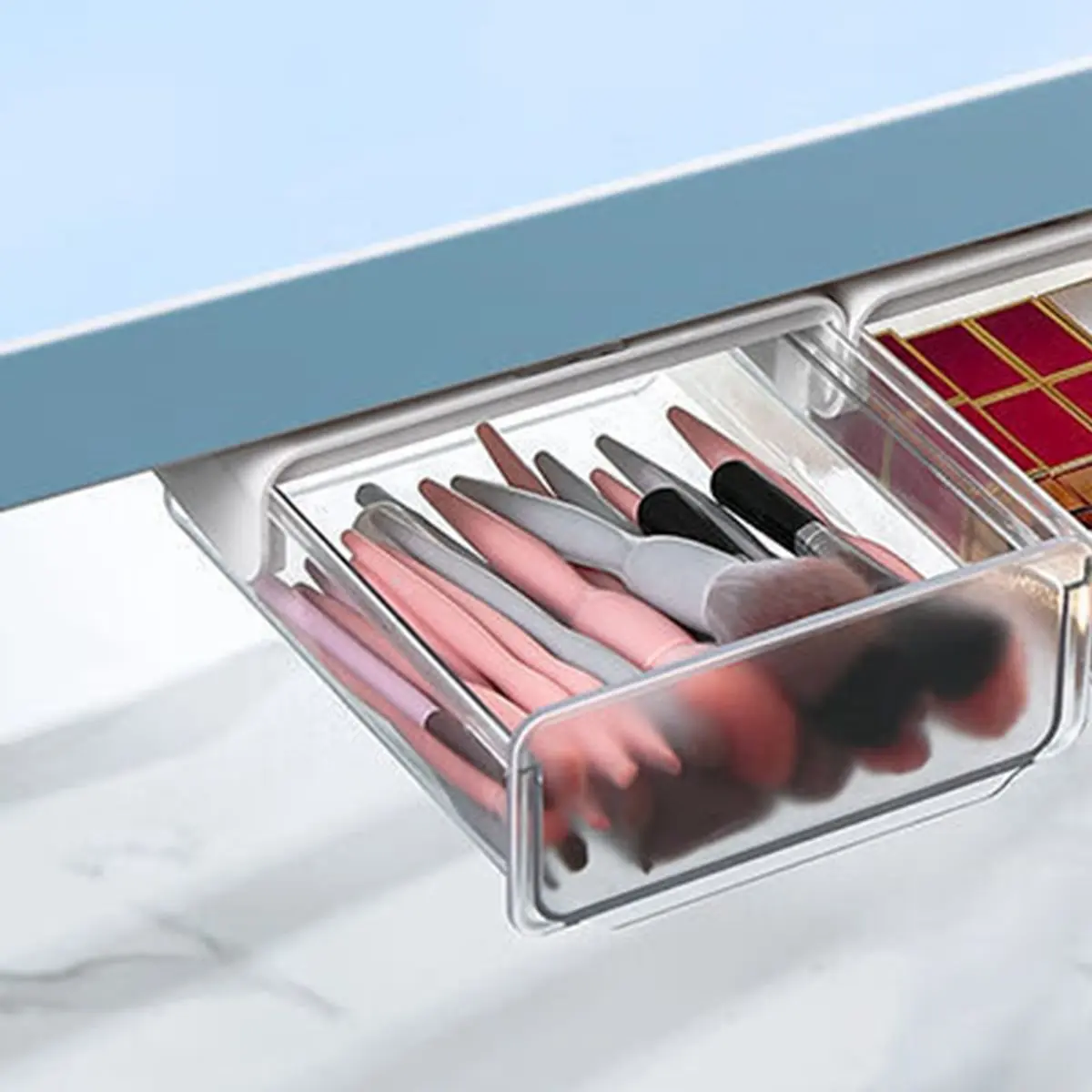 2pcs Drawer Style Storage Box Hidden Non Perforated Drawer Box Office Desk Bottom Adhesive Transparent Storage Box