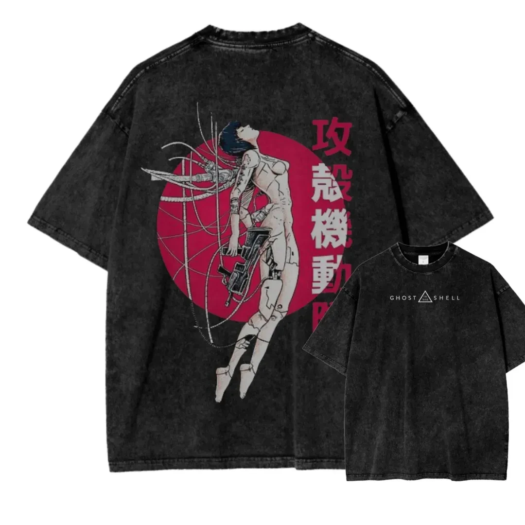 Ghost In The Shell Motoko Batou Two Side Vintage Washed Cyberpunk Anime Graphic T-Shirt Unisex Oversized Y2K Streetwear Tee