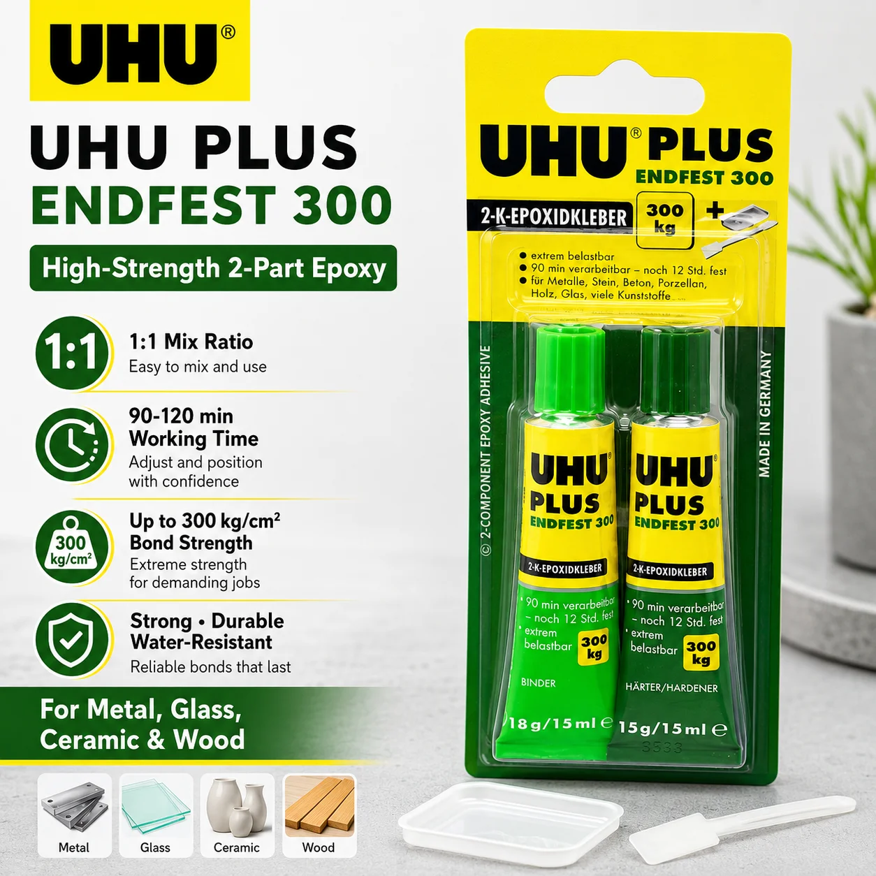 Adhesivo Epóxico UHU Endfest Plus 300, Pegamento Universal Fuerte para Reparaciones en Metal, Cerámica, Cristal, 2x15ML, Producto Original