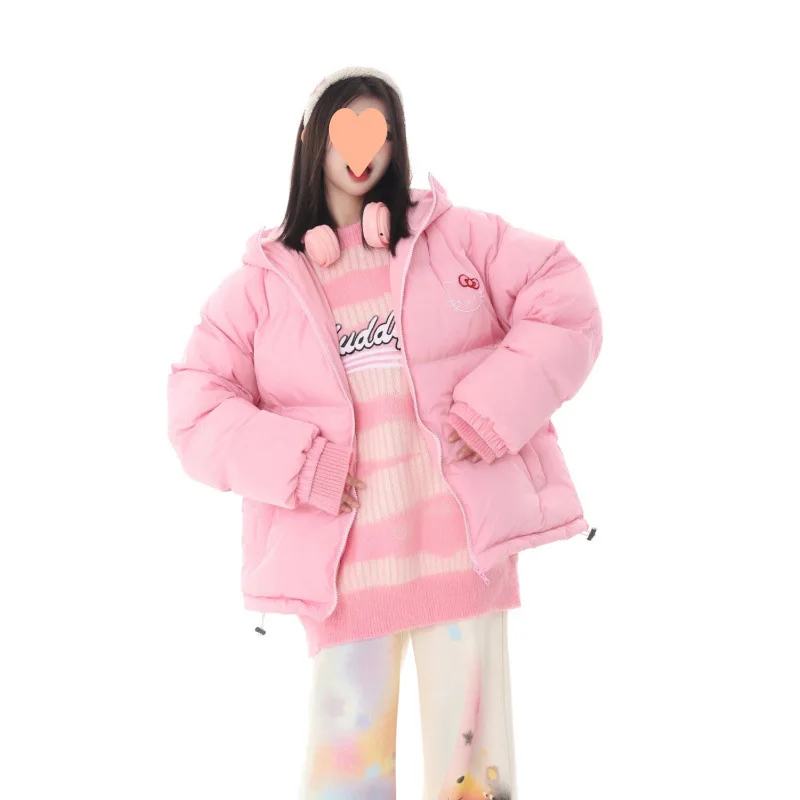 

American Hello Kitty Cute Cartoon Embroidered Hooded Down Coat Y2k Sweet Zipper Cotton Jacket Women's Casual Versatile Clothes