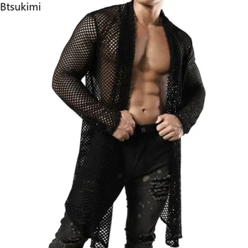 2025 남자의 섹시 할로우 롱 가디건 셔츠 그리드 streetwear 남자 관점 긴 소매 티셔츠 남성 탑 디자이너 의류