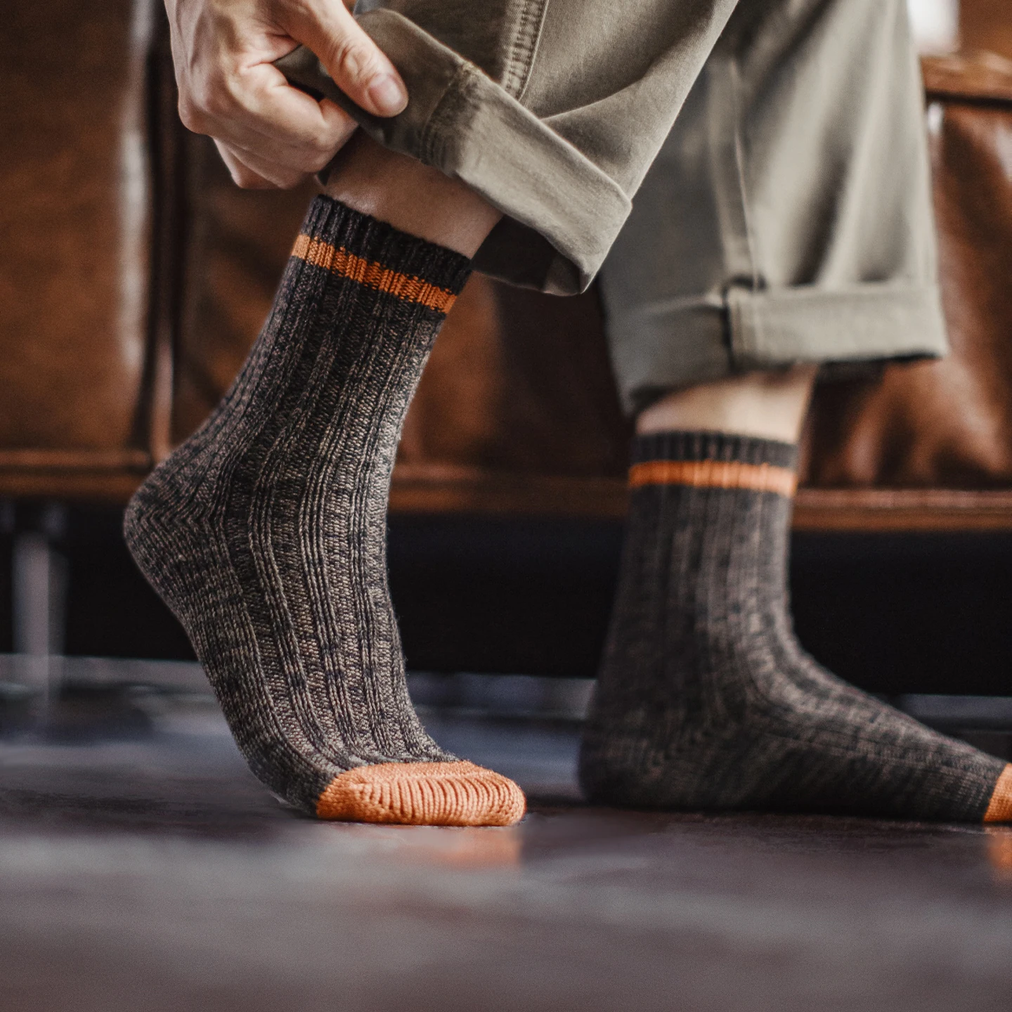 Maden Men‘s 3 Pairs Vintage Warm Wool Blend Socks Color Blocking Ribbed Knit Striped Mid-Calf Thermal Socks for Autumn Winter