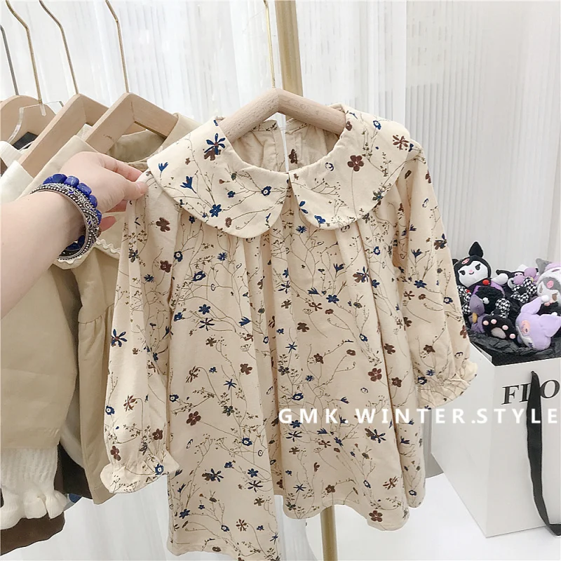 2024girls' autumn and winter New Soft elegant floral Mori style Korean style loose cotton brushed artistic dress