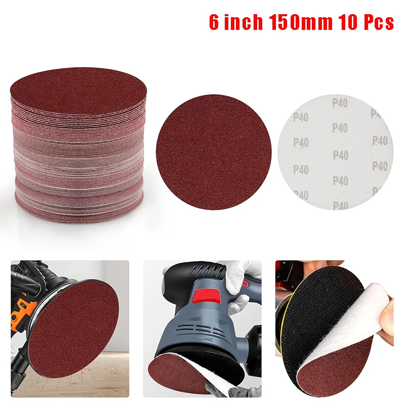 10PCS 6 Inch 150mm Sanding Discs Hook and Loop 60-600 Grits Sandpaper for Random Orbital Sander Woodwork Polishing