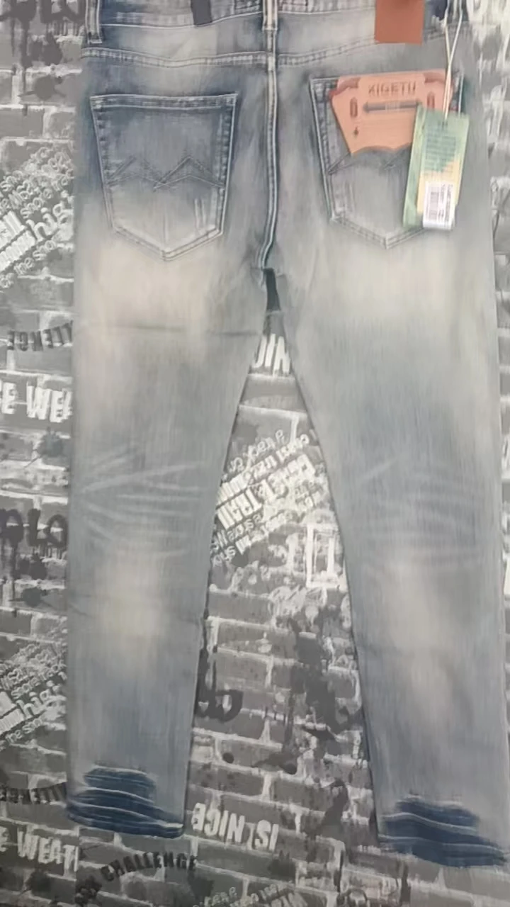 European and American fashion new men's jeans retro washed elastic slim fit light blue jeans designer embroidered pencil pants Y