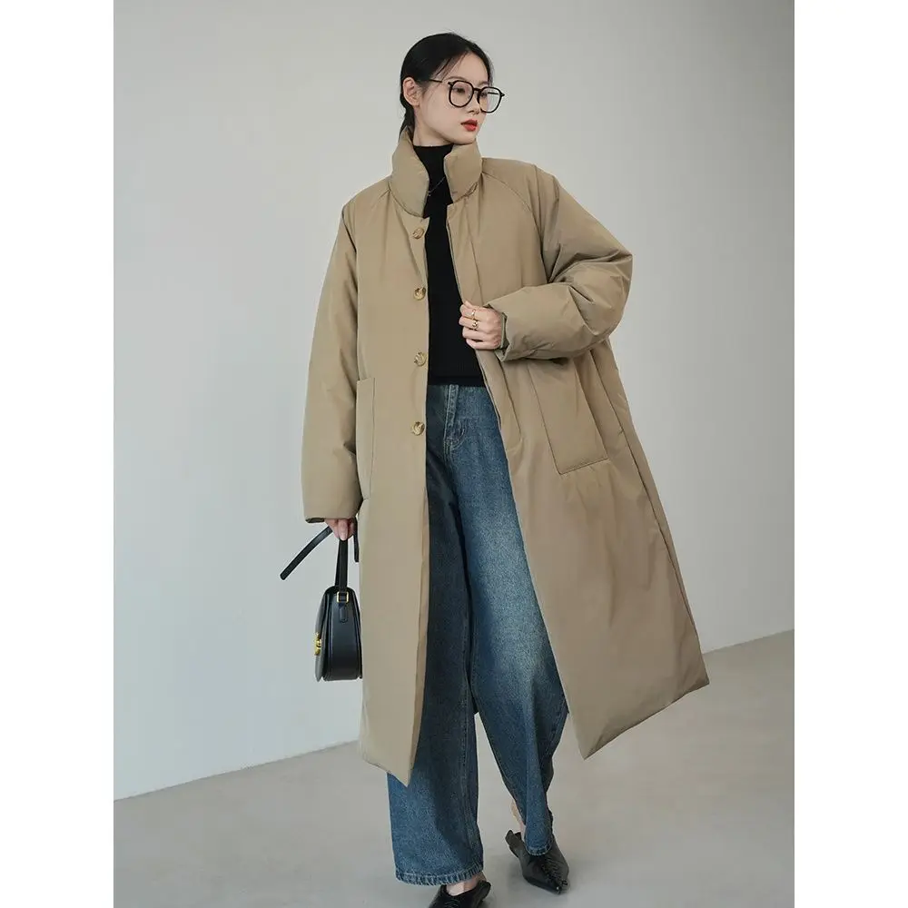 Women's Stand-up Collar Cold-proof Cotton Clothes, Fashionable Thickened Warm Jacket, Long Over-knee Lapel Cotton-padded Clothes