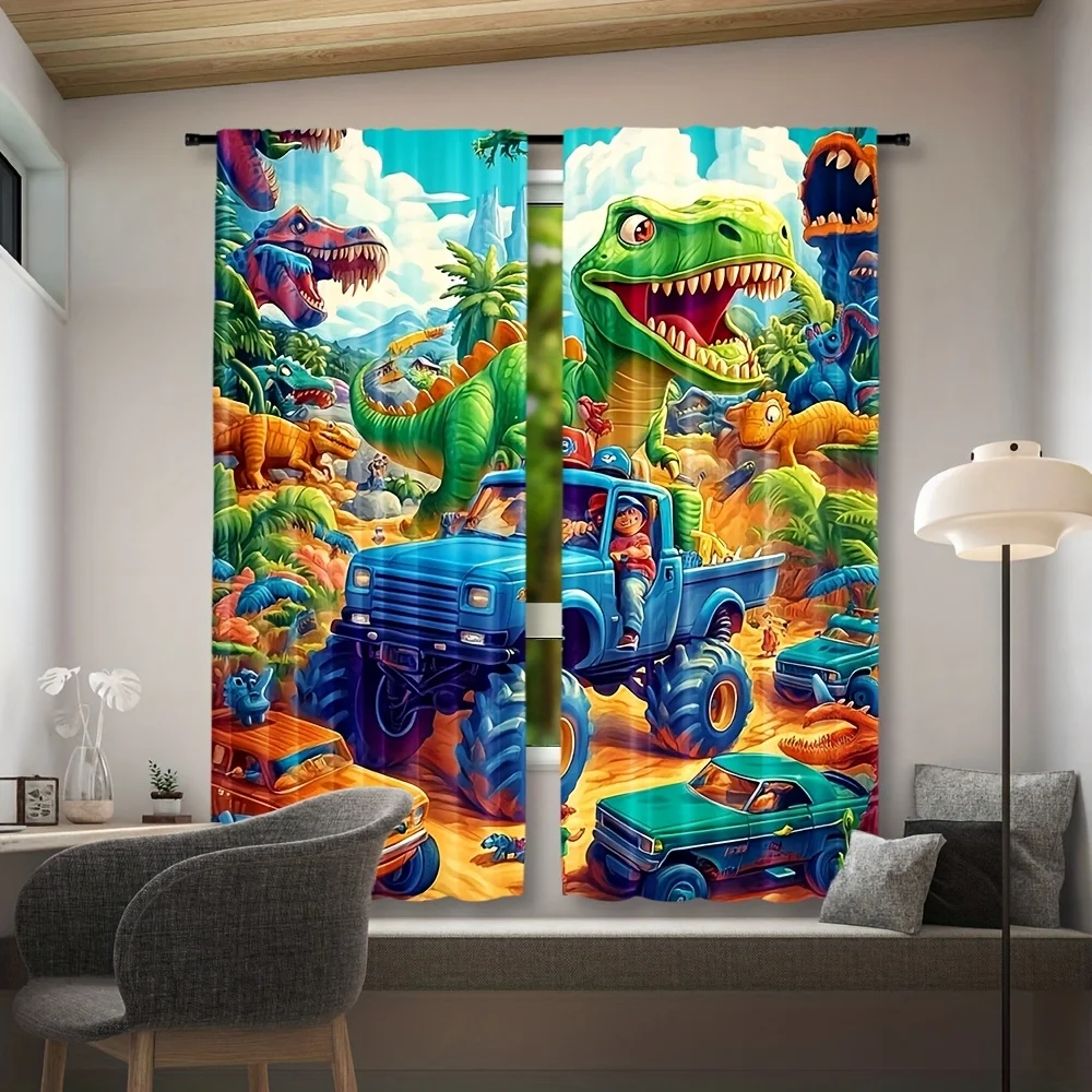 Colorful Dinosaur Jungle Curtain Pair Prehistoric Safari Window Shade Cute Jeep Dinosaur Decor Nursery Kids Room Home Decoration