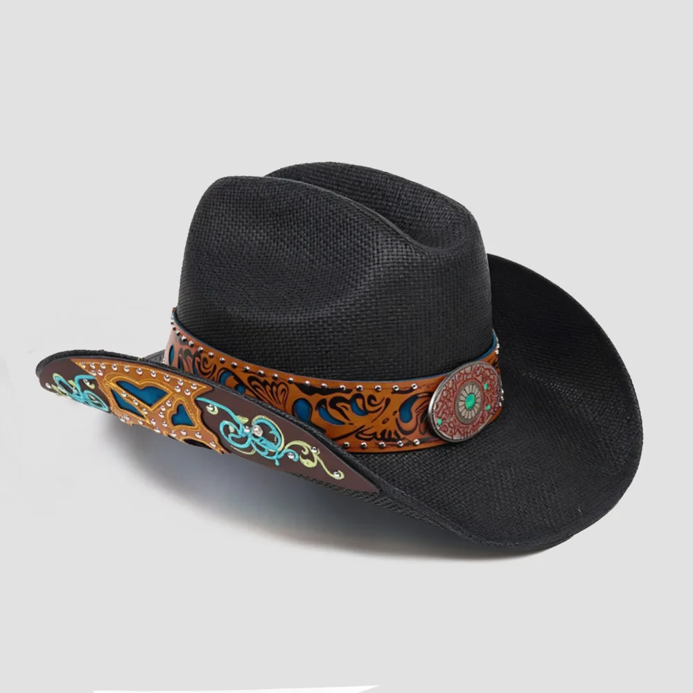 Vintage Brown Straw Cowboy Hat Tooled Leather Band Turquoise Rivet Western Cowgirl Caps Floral Metal Buckle Summer Beach Sombrer