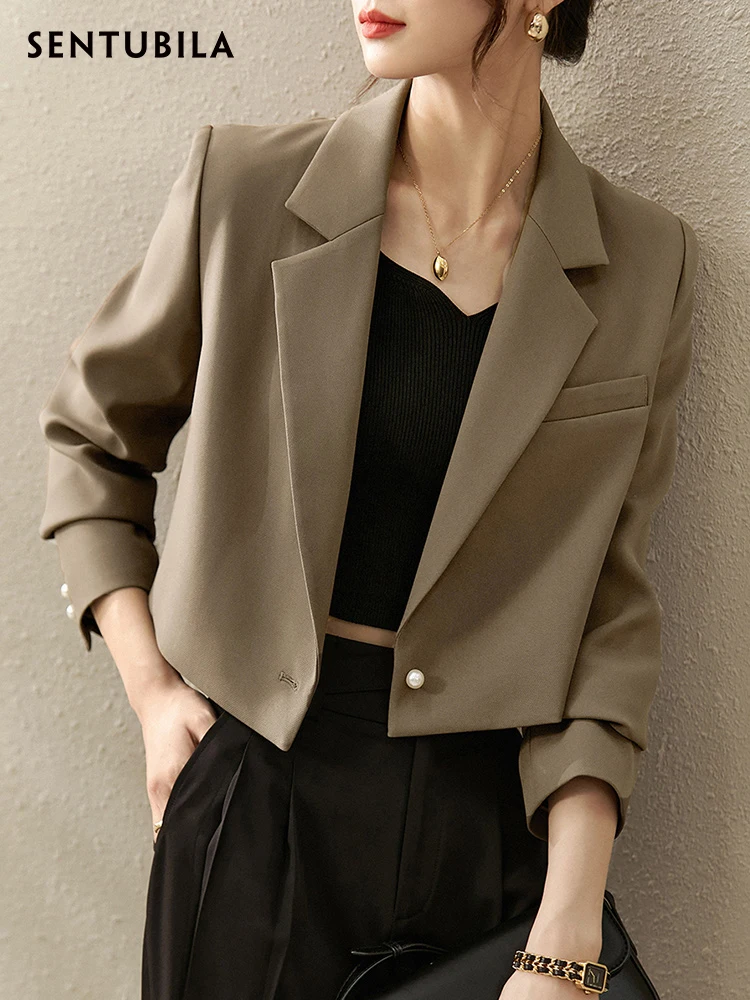 

SENTUBILA Cropped Blazer Office Lady 2024 Elegant Single Button Straight Work Business Notched Crop Jacket Coat 123X44509