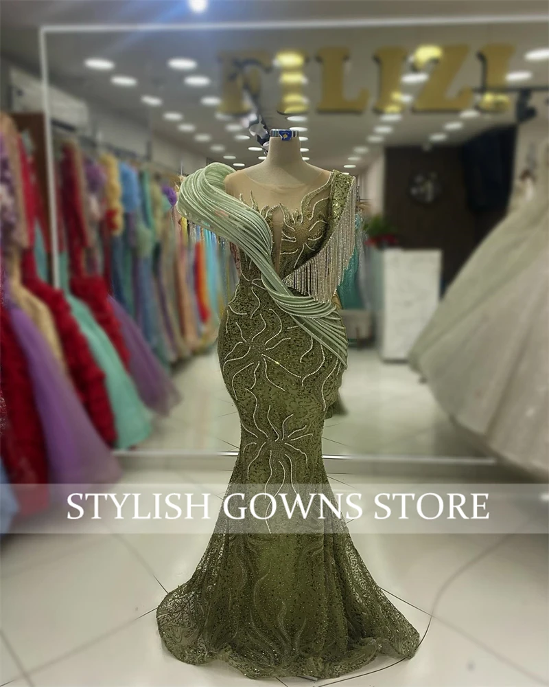 Green Tassel Dubai Evening Dresses Sequin O Neck Birthday Dress Luxury 2024 Bead Crystal Special Occasion Gown Customized