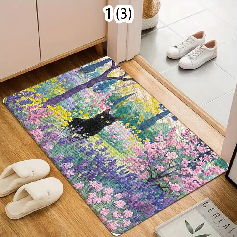 Colorful Flower Black Cat Carpet Cute Cat Indoor Entrance Doormat Living Room Kitchen Bedroom Decoration Door Mat