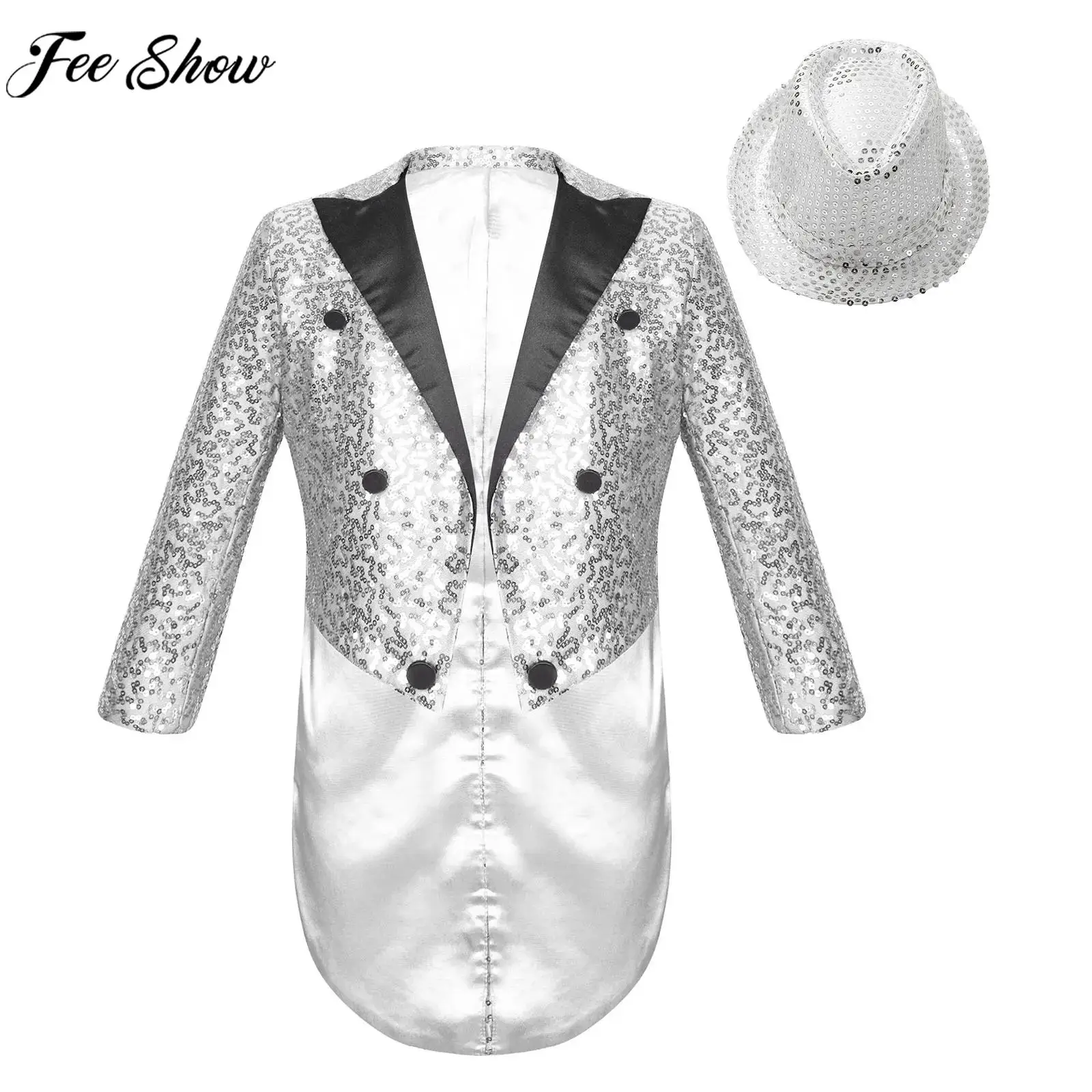 

Children Boys Jazz Dance Circus Magic Performance Outfit Long Sleeve Sequin Blazer Tailcoat with Hat Carnival Cosplay Costume