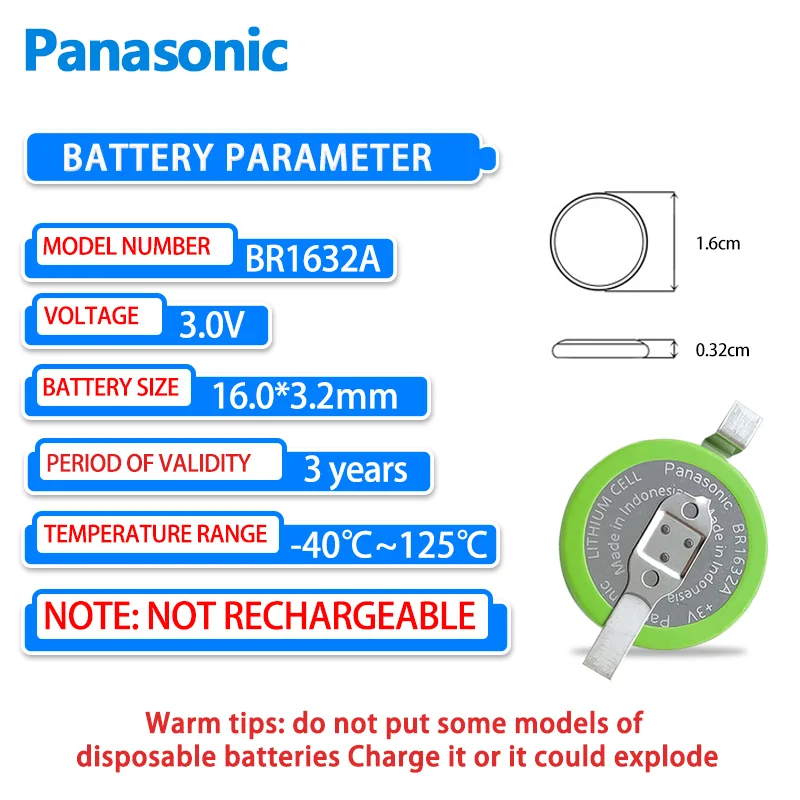 Panasonic BR1632A/FAN button lithium battery 3V industrial control motherboard with solder legs for high temperature resistance