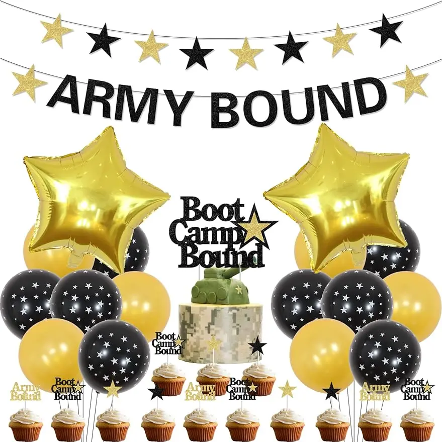 

US Army Party Decor Army Boot Camp Bound Decor with Star Balloons Banner Flag Cake Toppers for Military Camping Welcome Ceremony