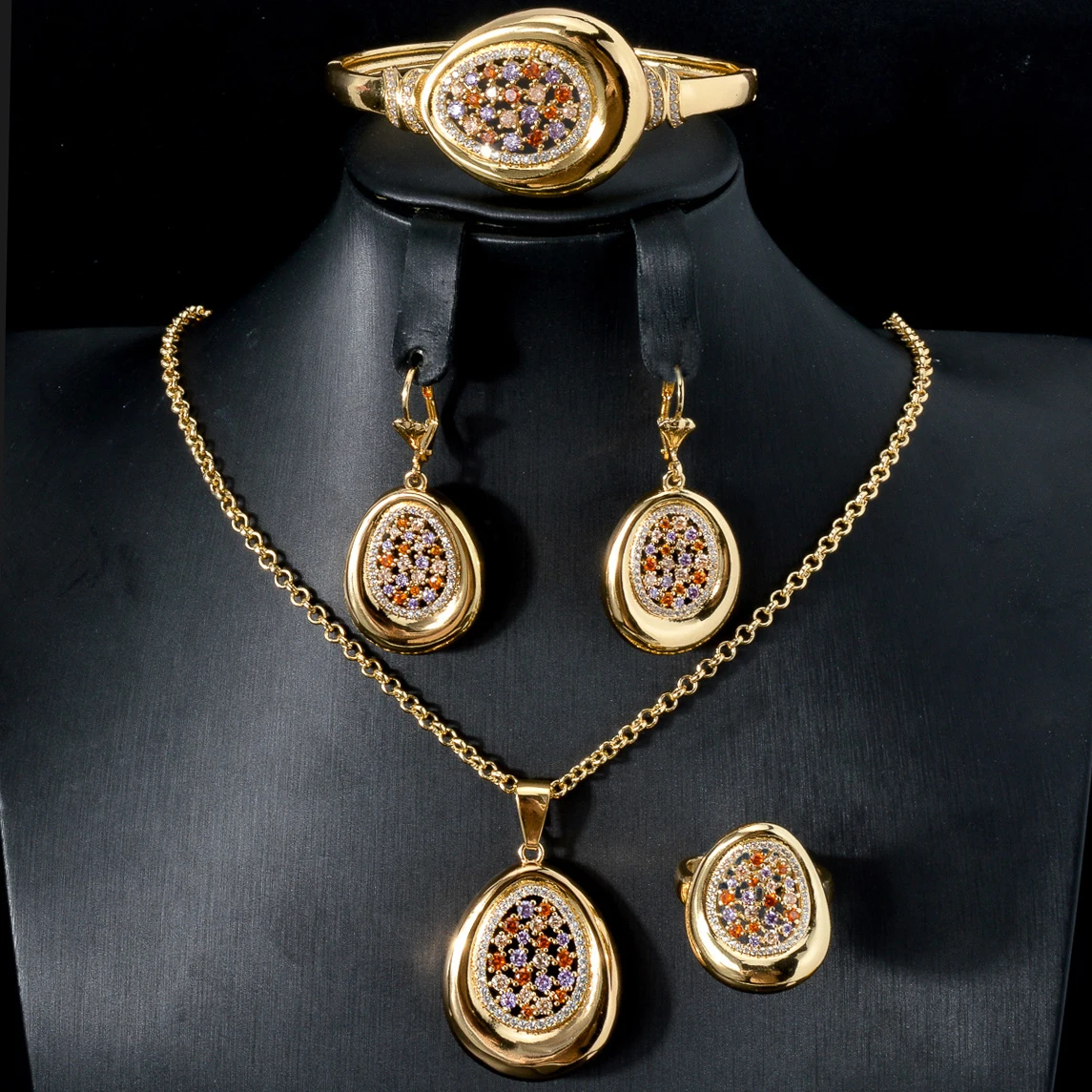 African Women Gold Plated Jewelry Set 4Pcs Round Oval Necklace Earrings Bracelet Ring Bridal Wedding Party Ethnic Accessory Gift