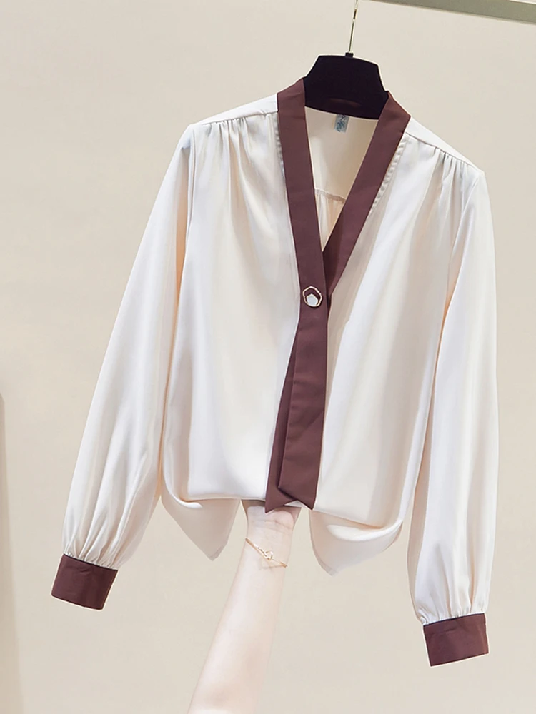 

Новая офисная женская шифоновая рубашка с v-образным вырезом, женская рубашка с длинными рукавами, весенне-осенняя темпераментная простая рубашка контрастного цвета, топ S137