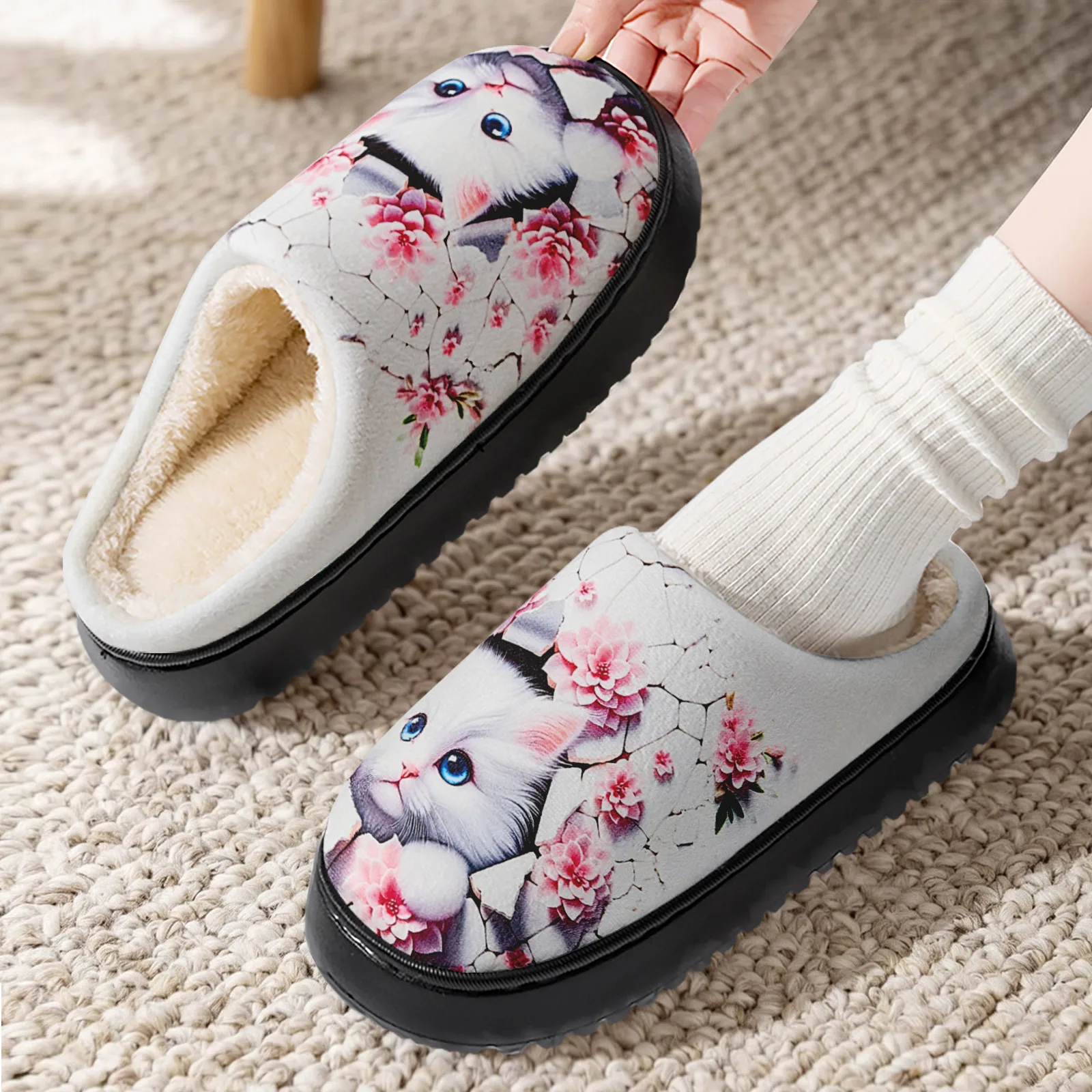 Women's Fuzzy House Slippers Memory Foam Cute Cat Floral Print White Warm Cozy Indoor Outdoor Slip On Non Slip Bedroom Shoes for