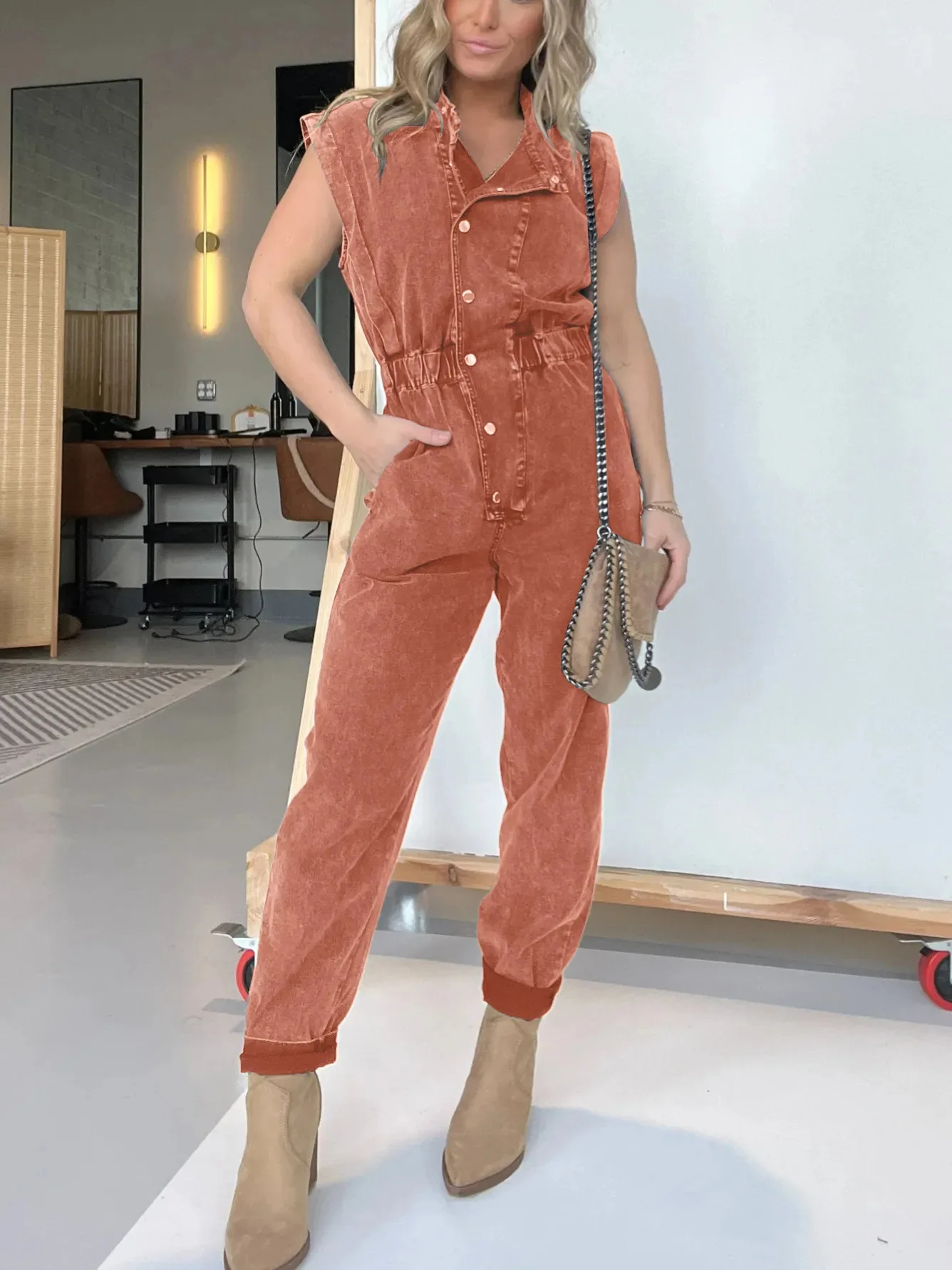 Women Jumpsuits Single Breasted Sleeveless Rompers One Piece Slim Button Solid Pencil Pants Pockets Spliced High Street