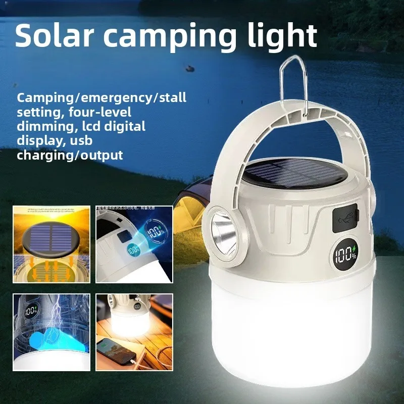 Lampe solaire de camping LED à double source de lumière - Torche de secours rechargeable et super lumineuse, pour tente extérieure et utilisation sur le marché nocturne