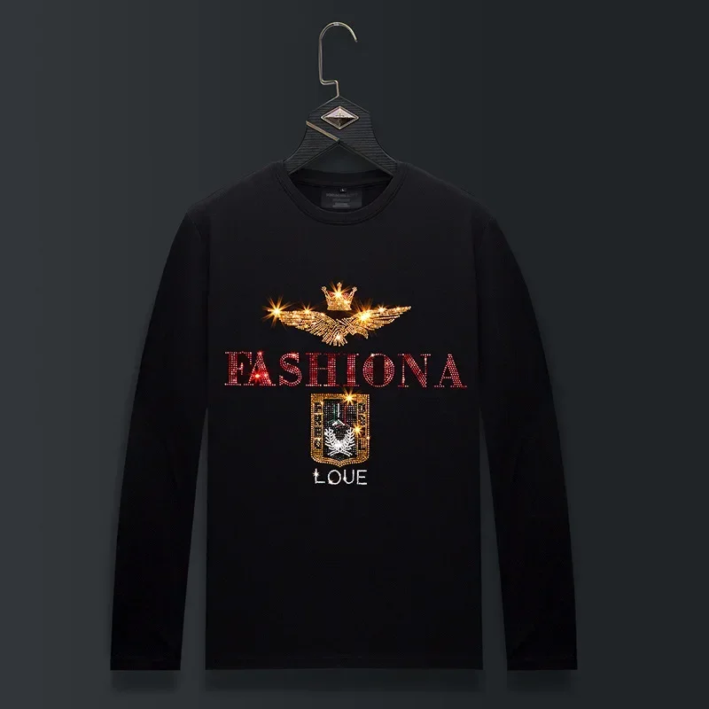 

Футболки больших размеров с героями мультфильмов и стразами, мужские модные уличные футболки с круглым вырезом и длинными рукавами, тонкие хлопковые футболки из модала, мужская одежда