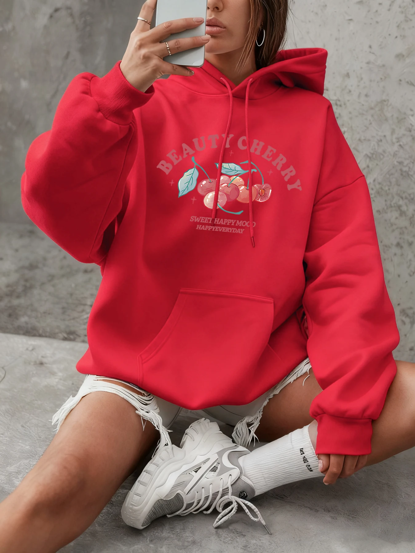 ビューティーチェリーアートレターデザイン服レディーススポーツ快適なパーカー長袖ソフトストリートウェアストリートスポーツスウェットシャツ