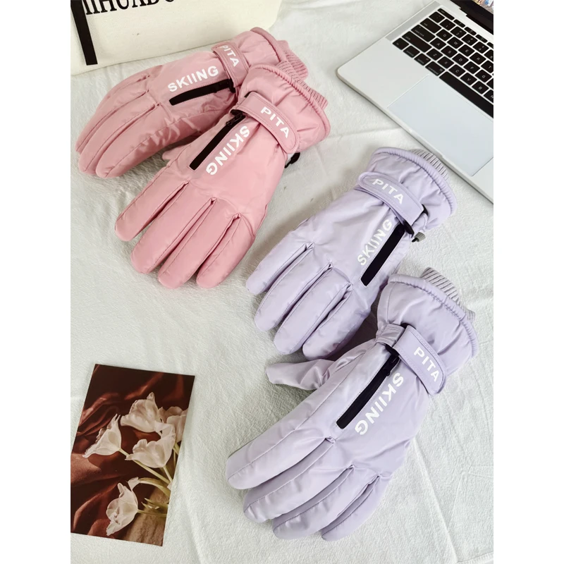 Full palm touchscreen ski gloves, winter women's thick fleece ski jacket with zipper, winter riding electric bike windproof and