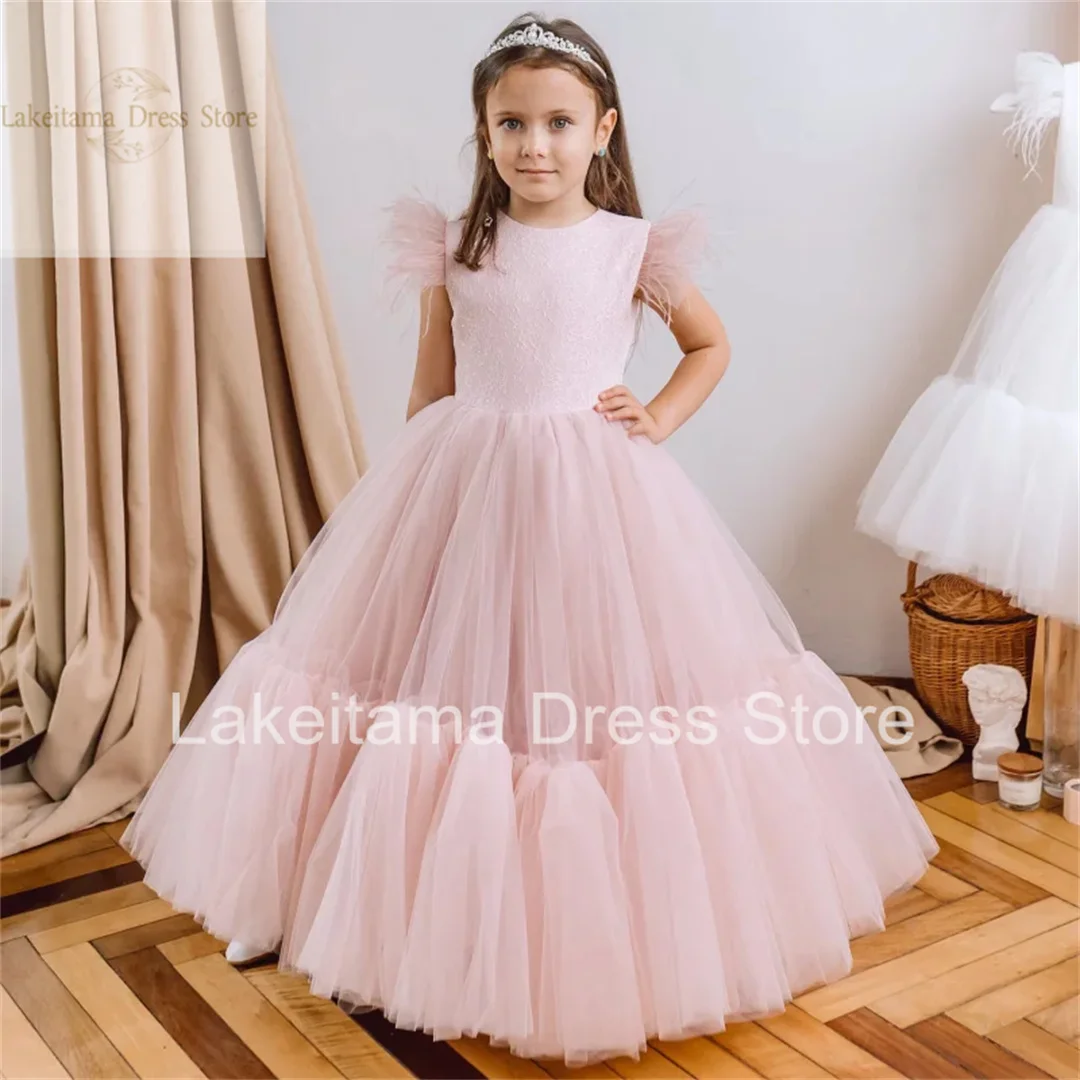 Tule Applique Manga Pluma Vestidos para Meninas, Flor Rosa, Casamento, Banquete de Aniversário, Vestidos de Primeira Comunhão