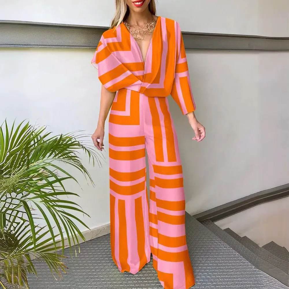 Geometry Printting Wide Leg Jumpsuits Women Sexy Deep V-neck Long Sleeve One Piece Sets Spring Autumn Elegant Playsuit