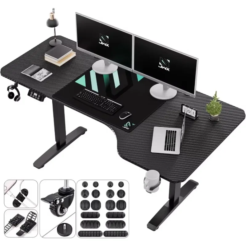 

Standing Adjustable Desk, 63 inches L Shaped Electric Standing Gaming Desk with Locking Wheels, Cup Holder