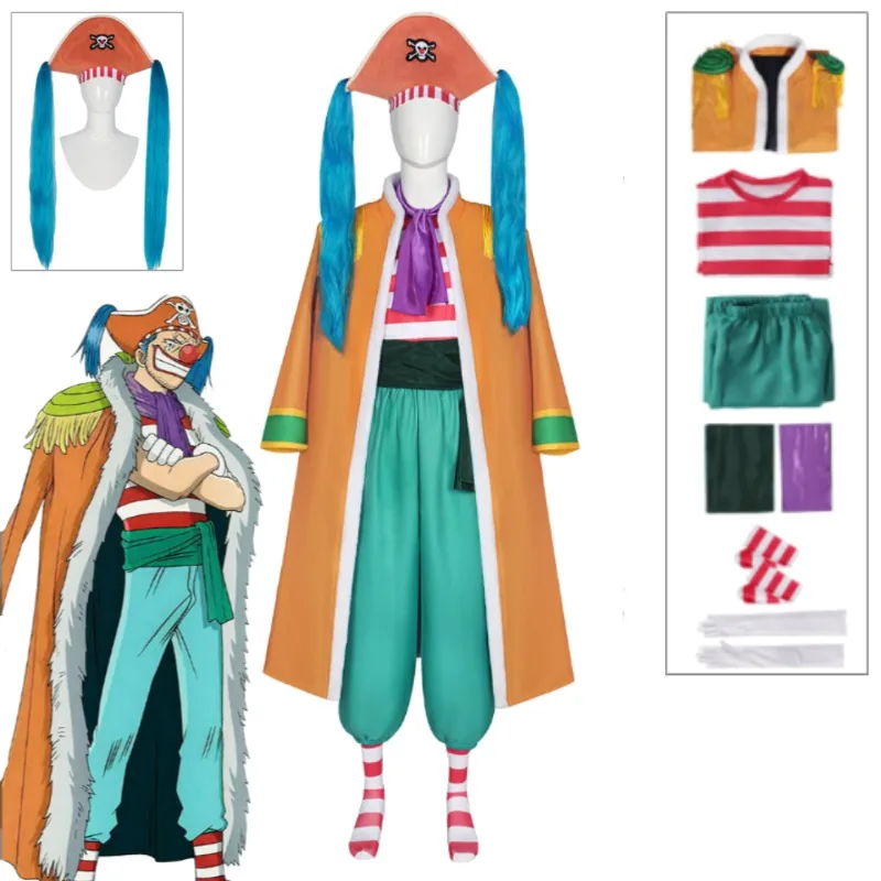 

Buggy The Clown Cosplay Costume Captain Halloween Full Set Red Coat Striped Hat Blue Pom Poms for Men Women